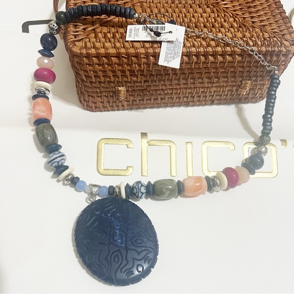 Chico’s NWT Multi-Color Beaded Necklace w Blue Etched Pendant - Picture 2 of 6